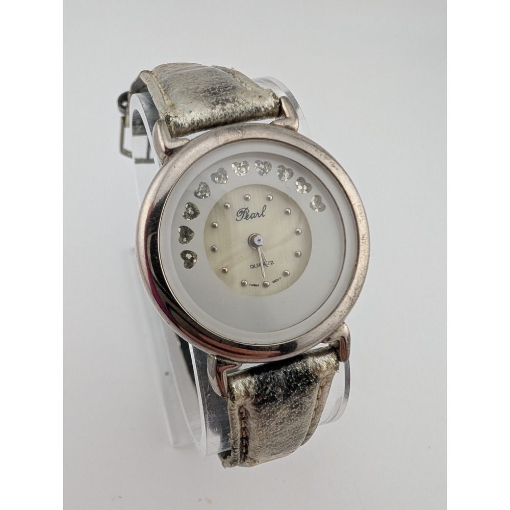 Vintage Pearl Watch Women MOP Spinning Heart Dial Leather Band- New Battery‎